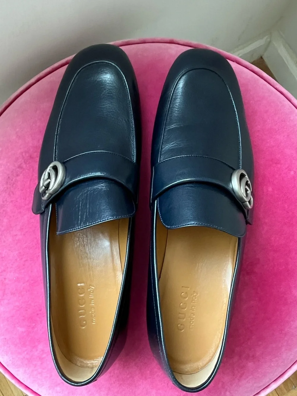 Gucci Dark Blue Leather Men's Loafers with Silver GG Bit
